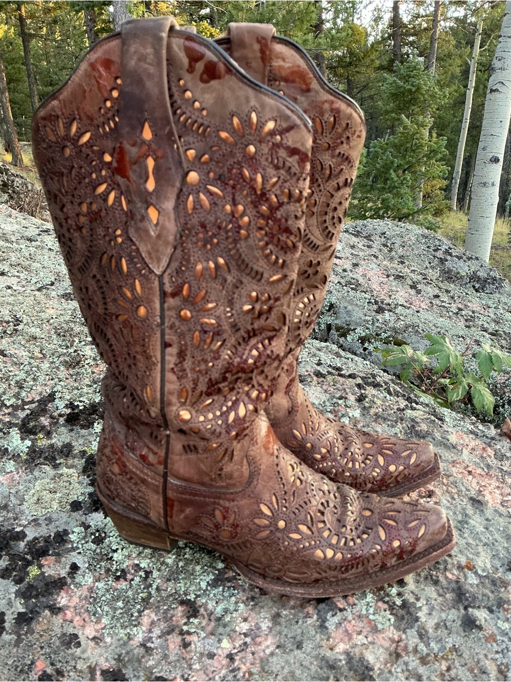 Corral Leather Floral Gold Cutout Western Cowboy Boots 7.5M - Picture 3 of 16